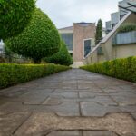 Gepflasterte Hofeinfahrt zwischen zwei gepflegten Hecken an modernem Wohnhaus mit Terrassendach