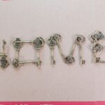 Sammlung von antiken Metallschlüsseln mit ornamentalen Griffen arrangiert auf hellem Untergrund