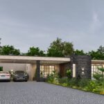 Modernes Einfamilienhaus mit integriertem Carport für zwei Autos, Natursteinverblendung und zeitgenössischem Design